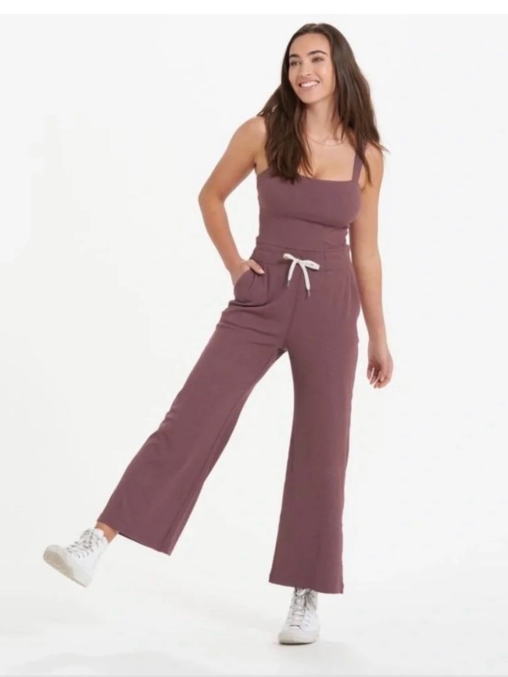 Vuori Mudra Pose Jumpsuit Ribbed Flare Leg Performance Tank Top Brown
